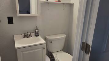 Hair dryer, towels, soap, toilet paper