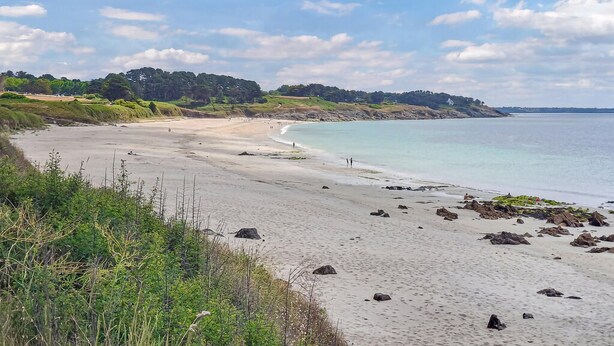 Une plage avec un rivage sablonneux, un ciel dégagé et une vue lointaine sur un paysage vallonné.