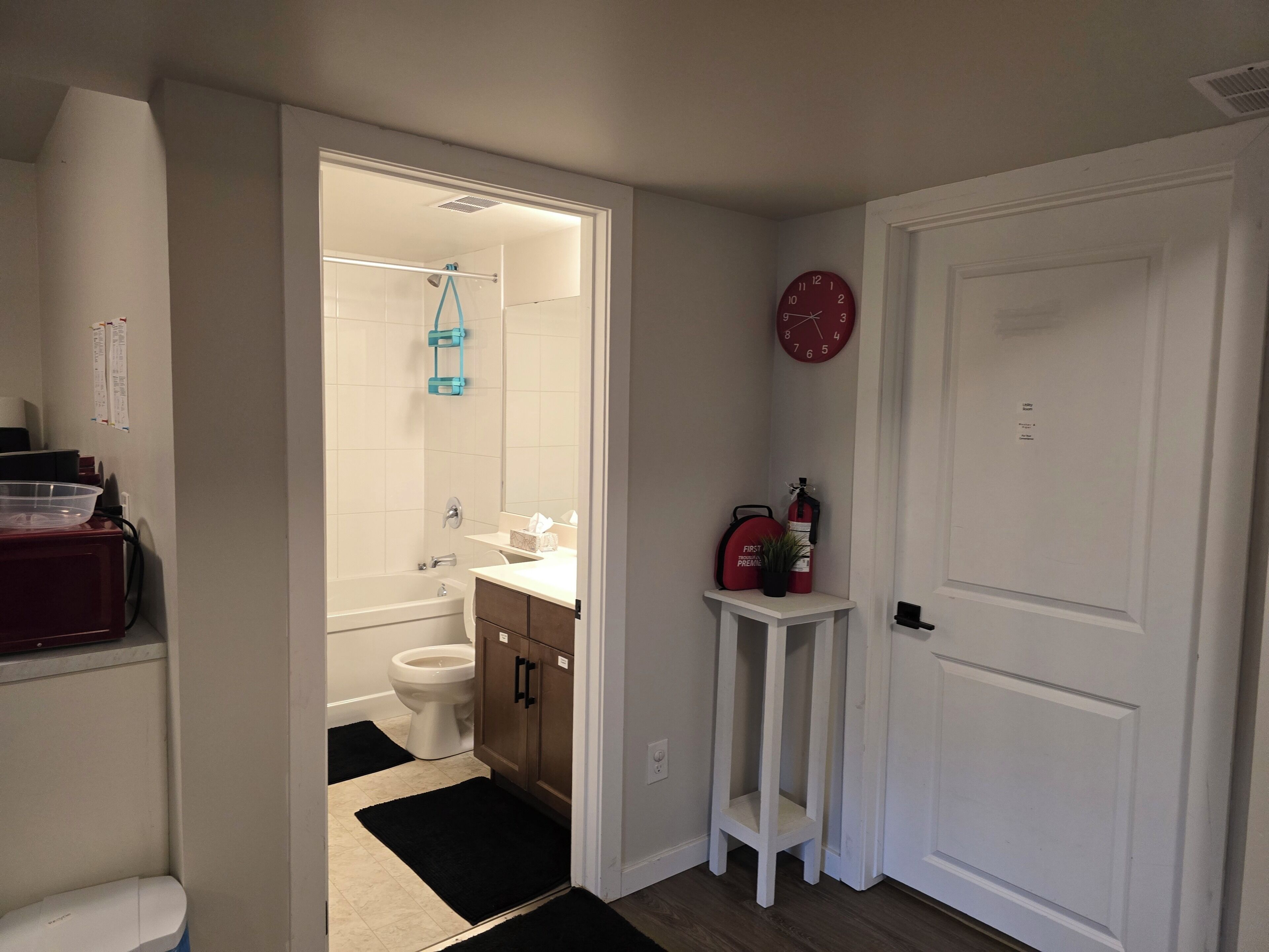 Hair dryer, towels, soap, toilet paper