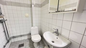 Ein Badezimmer mit Toilette, Waschbecken und Spiegel.