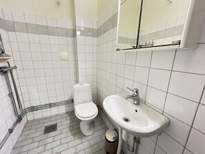 Ett badrum med toalett, handfat och spegel.