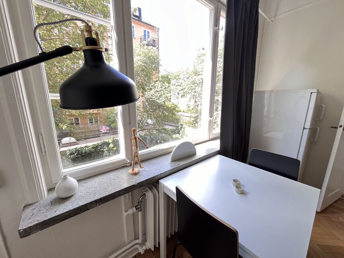 Ett litet kök med en vit bänkskiva, en svart lampa, ett vitt element och ett fönster med utsikt över byggnader och träd.