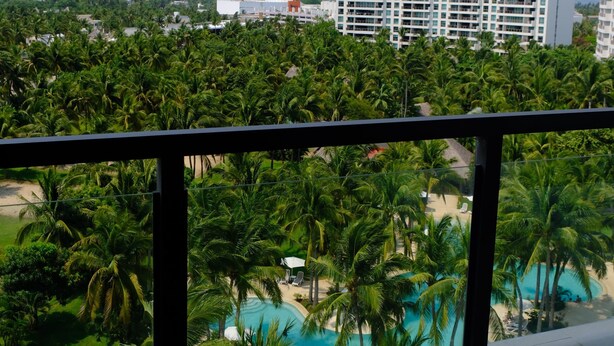 Un balcon donnant sur une piscine entourée de palmiers et sur un bâtiment situé au loin.