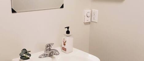A bathroom with a white sink, a mirror, a toilet paper holder, a soap dispenser, and a trash can.