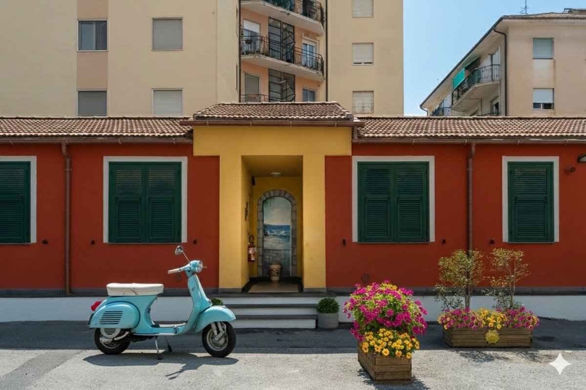 A building with a red facade, green shutters, and a scooter parked in front.