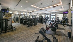 Ein Fitnessstudio mit unterschiedlichen Trainingsgeräten, großen Fenstern und einem Deckenventilator.