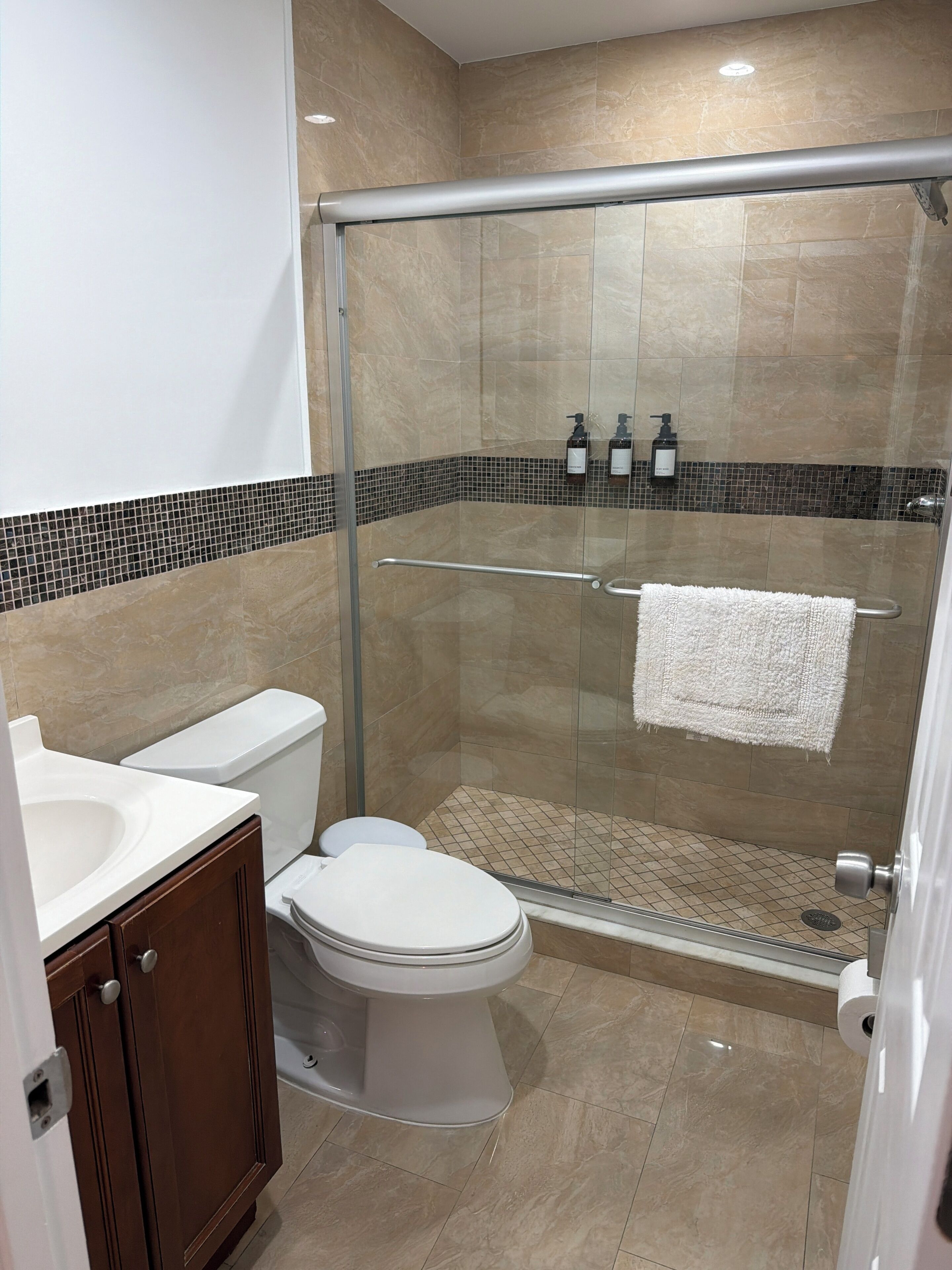 Ducha, secador de pelo, toallas, jabón