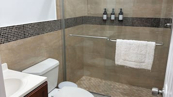 Ducha, secador de pelo, toallas, jabón