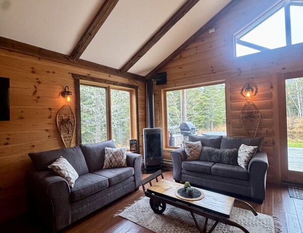 A cozy cabin interior with two sofas, a coffee table, and a fireplace.