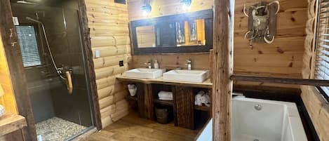 Shower, hair dryer, towels, toilet paper