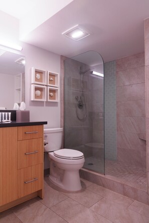 Hair dryer, towels, soap, toilet paper