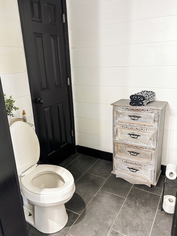 Hair dryer, towels, soap, shampoo