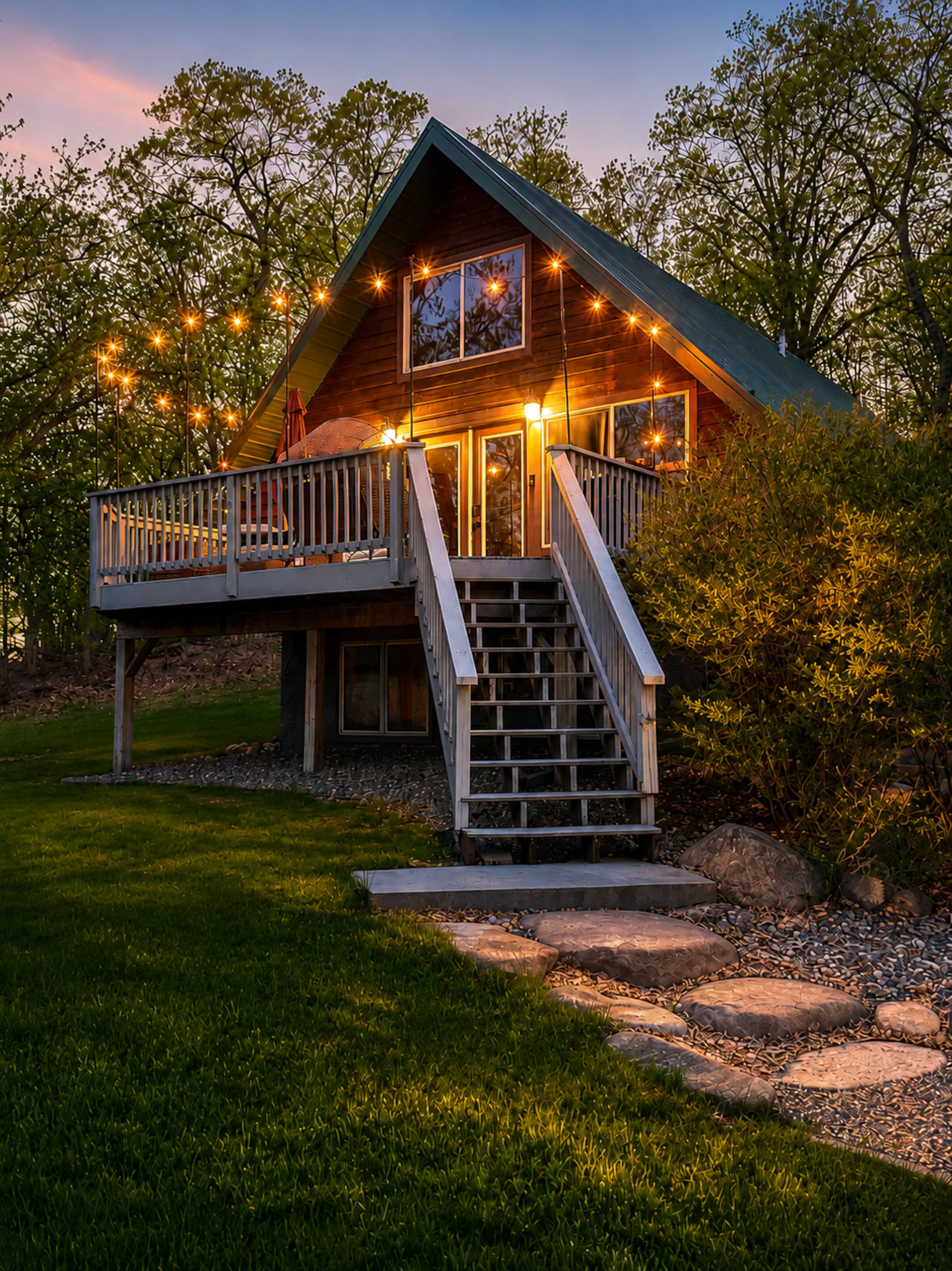 A wooden cabin with a balcony, a staircase leading to the entrance, and string lights.