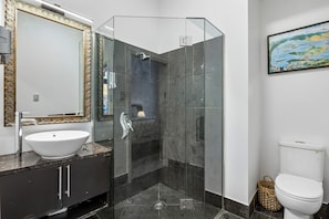A modern bathroom with a glass-enclosed shower, a white sink, and a toilet.