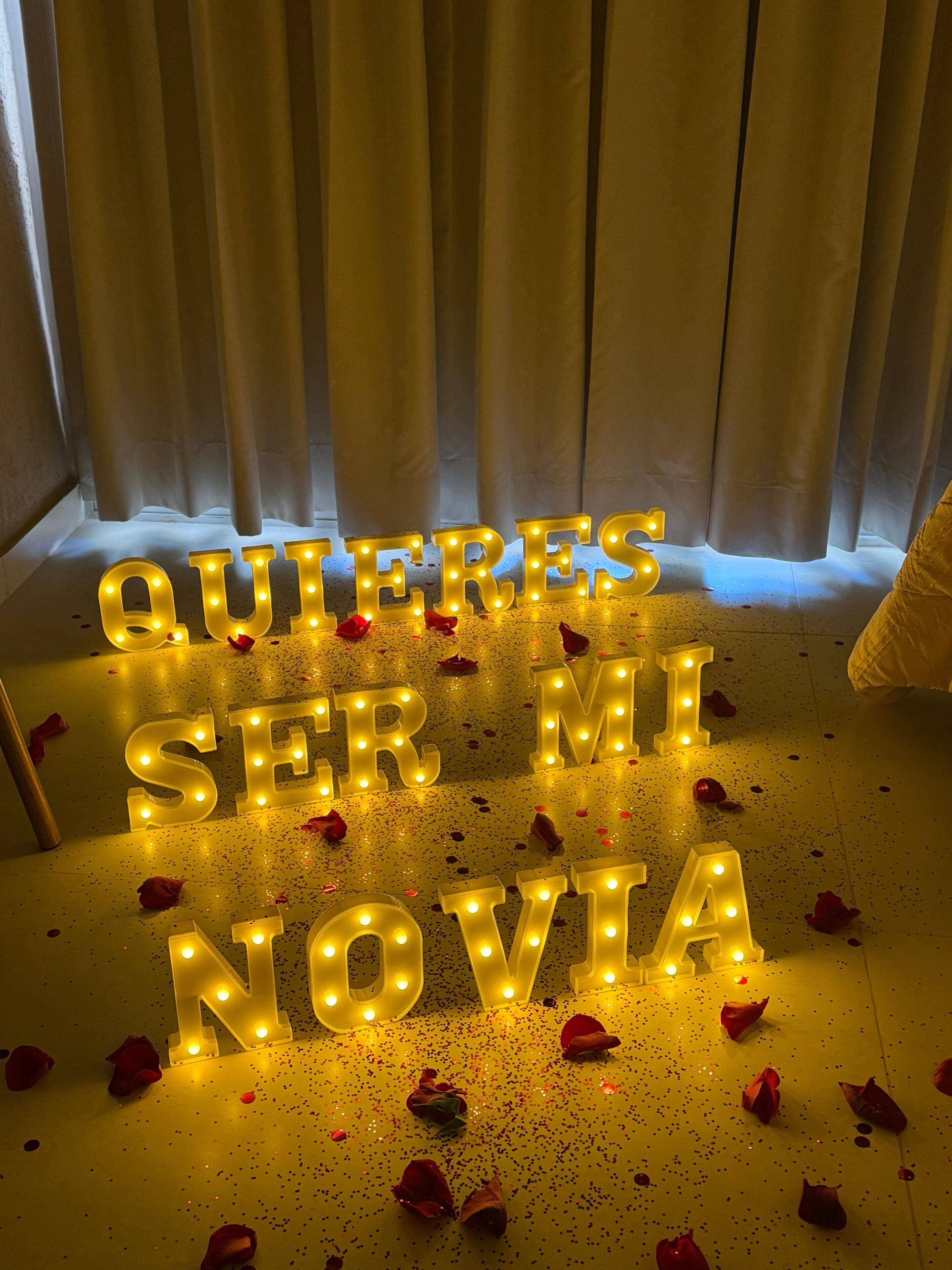 Angleuchtete Buchstaben, die 'QUIERES SER MI NOVIA' buchstabieren, auf einem Boden mit Rosenblättern.