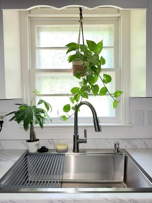 A kitchen with a stainless steel sink, a window with frosted glass, and a hanging plant. - Relaxing Douglasville Home Near Arbor Place Mall, with WiFi Perfect for Families (Douglasville)