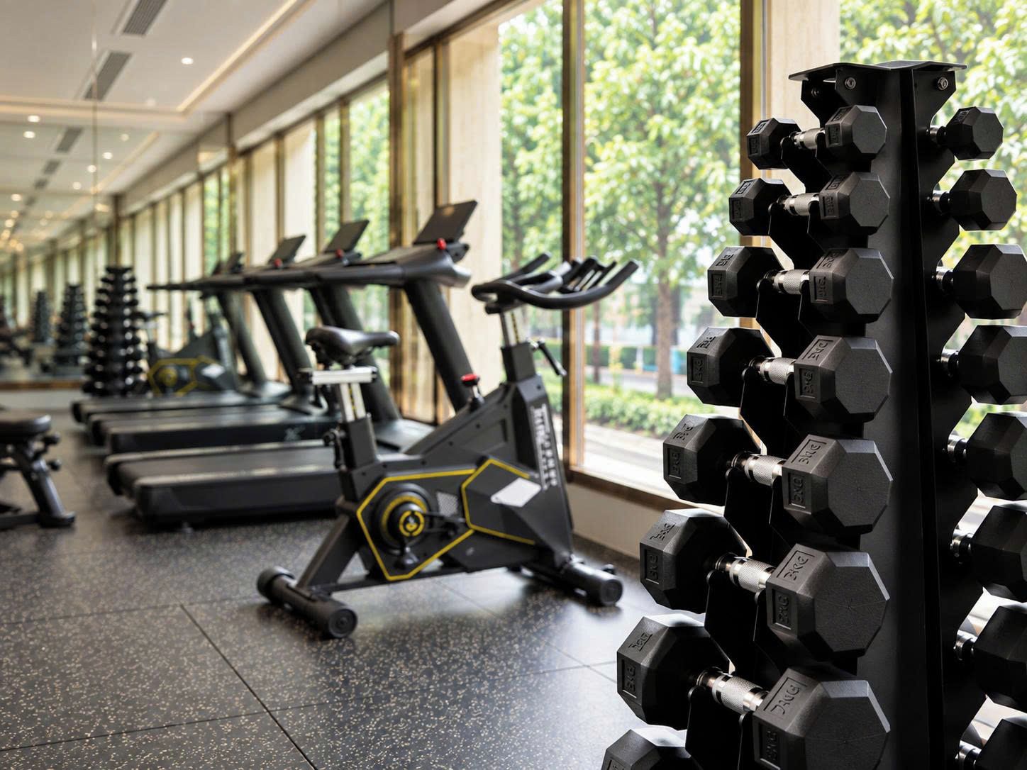 Un gimnasio con cintas de correr, bicicletas estáticas y un estante con mancuernas.