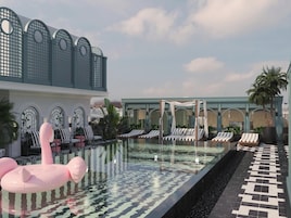Outdoor pool, open 8:00 AM to 10:00 PM, pool umbrellas, sun loungers