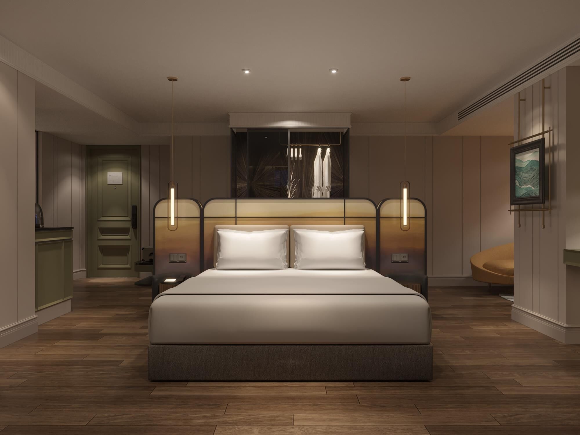 Suite Premium, balkon, pemandangan kota | Brankas, meja kerja, ruang kerja ramah laptop, dan tirai kedap cahaya