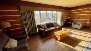 Una sala de estar acogedora con un sofá, un sillón y una mesa de centro de madera.