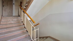 Eine Treppe mit Handlauf, Teppichstufen und einer Holztür am Oberende.