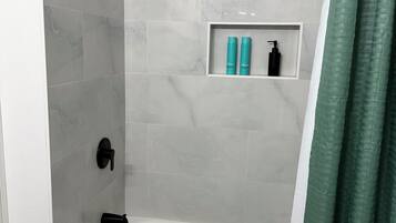 Hair dryer, towels, soap, toilet paper