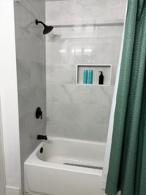 Hair dryer, towels, soap, toilet paper
