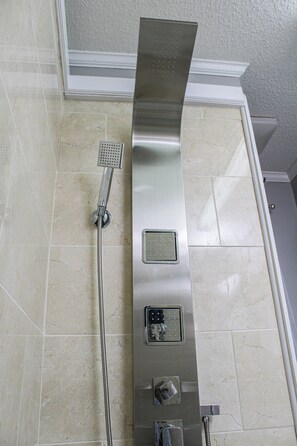Shower, hair dryer, towels, soap