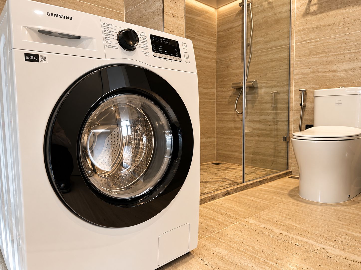 A Samsung front-loading washing machine in a modern bathroom with a glass shower enclosure and a toilet.