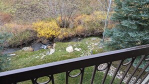 A balcony with a view of a grassy area, a small stream, and a tree. - Peaceful Retreat, Pool&Hot Tub, Walk to Village, Private Shuttle, Bike Anywhere! (Steamboat Springs)