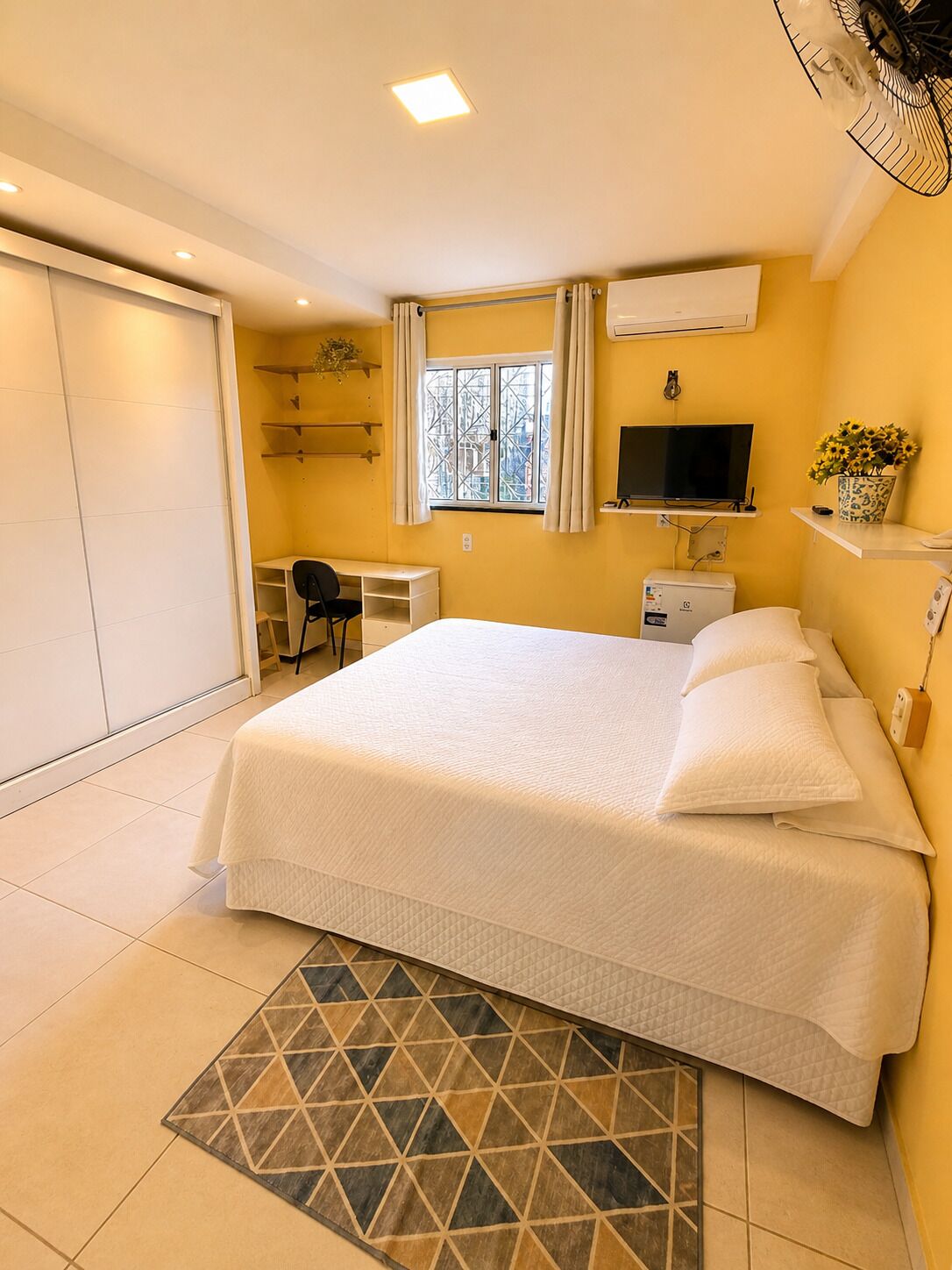 Desk, laptop workspace, blackout curtains, iron/ironing board