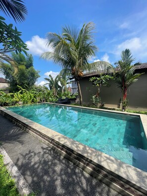 A rectangular swimming pool with clear water, surrounded by greenery and a building with a tiled roof. - Puri Bisma Ubud (Ubud)