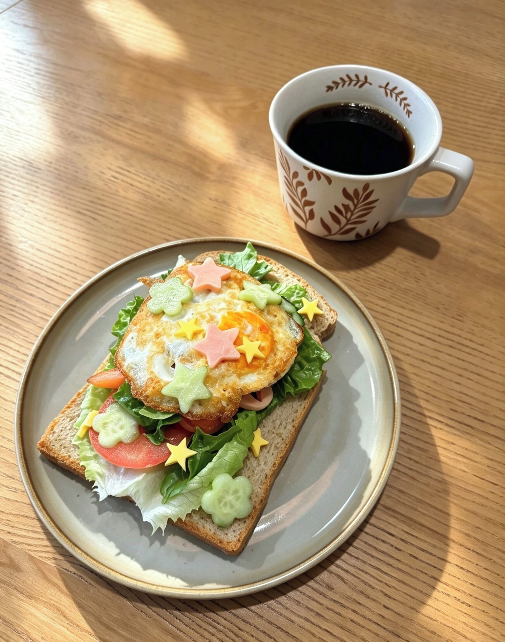 A sandwich with various toppings on a plate, accompanied by a cup of coffee on a wooden table.