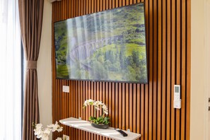 A television mounted on a wooden wall with a scenic landscape image. - La Dimora Azzurra 901, Vlore, Albania (Vlore)