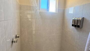 Hair dryer, towels, soap, toilet paper