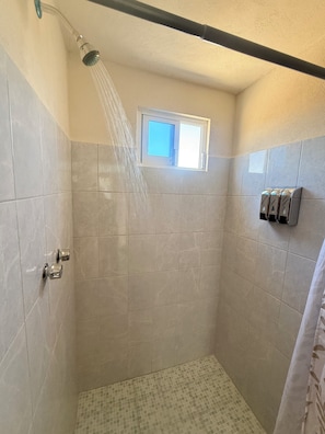 Hair dryer, towels, soap, toilet paper