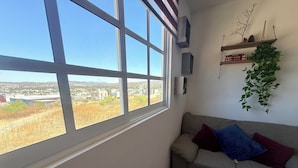 Ein Zimmer mit großem Fenster, einer Couch, einem Wandregal und einer hängenden Pflanze.