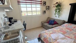 Ein gemütlicher Raum mit Küchenzeile, einem Bett mit gemustertem Bezug, einem Fenster mit Jalousien und einer hängenden Pflanze.