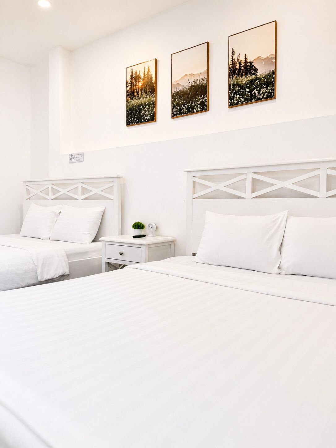 A hotel room with two beds, white bedding, a nightstand with a clock and a plant, and three framed pictures on the wall.