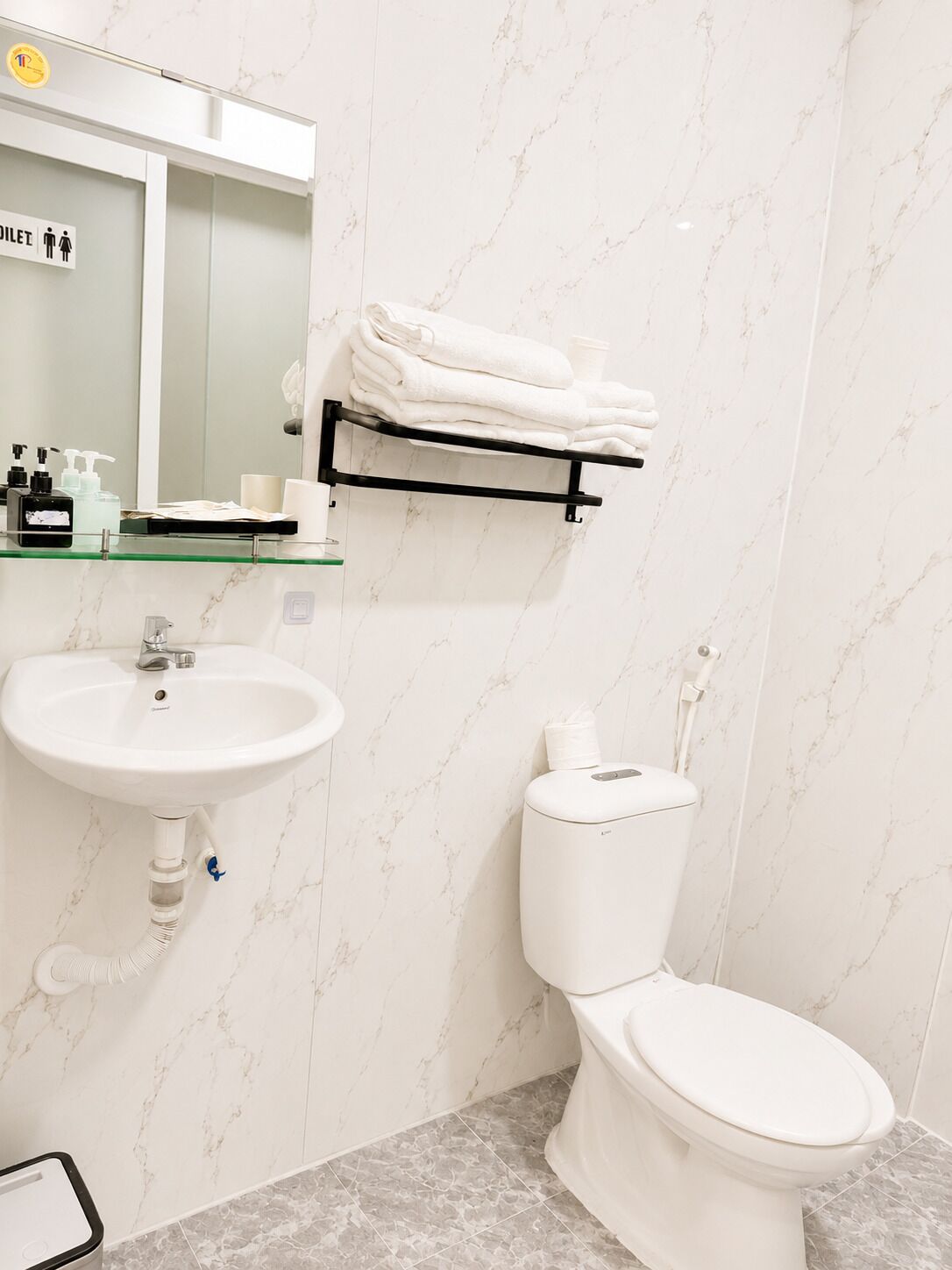 Ein Badezimmer mit Waschbecken, Toilette und einer Glasablage mit Handtüchern.