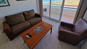 Un salón con un sofá marrón, una mesa de centro de madera y un sillón marrón. Hay un ventanal con vistas a un paisaje.