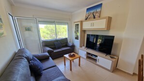 A living room with a sofa, a television, and a small table. - APARTMENT PALS BEACH-6 (Pals)