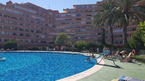 Une piscine avec des chaises longues et des palmiers.