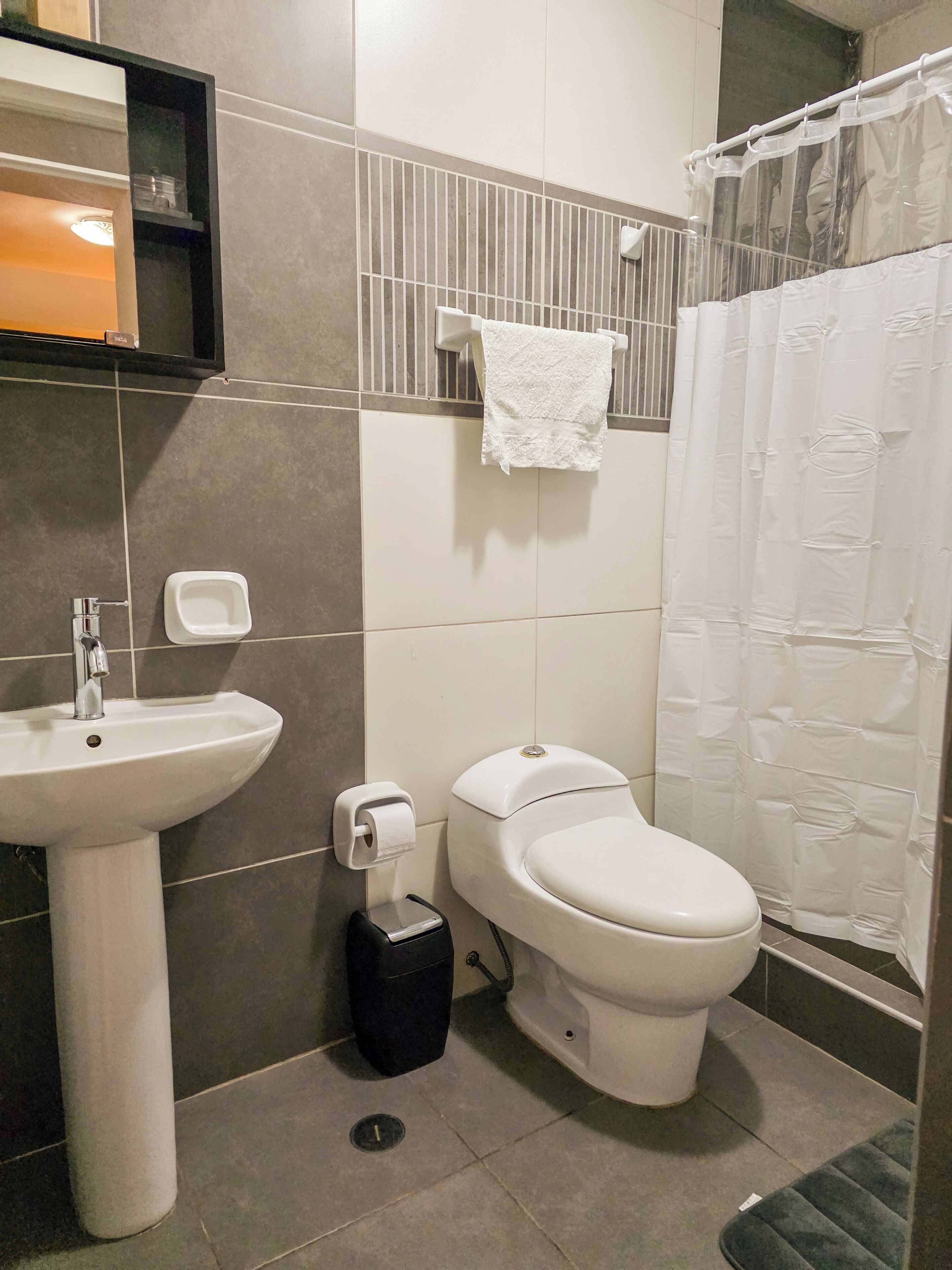 Hair dryer, towels, soap, toilet paper