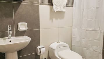 Hair dryer, towels, soap, toilet paper