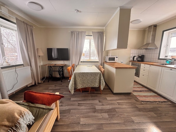 A compact kitchen with a dining area, a TV, and a window with curtains.