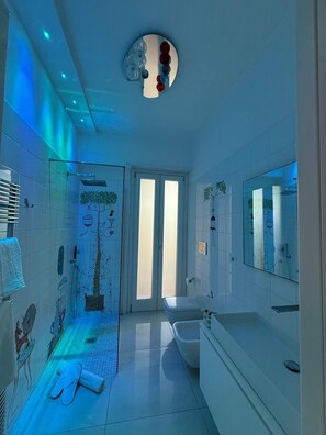 Een douche, een haardroger, een bidet, handdoeken