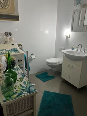 Chuveiro, secador de cabelo, toalhas de banho, sabonete