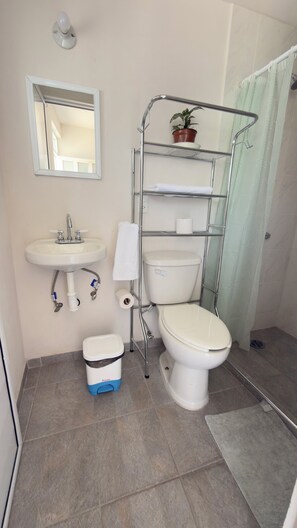 Hair dryer, towels, soap, toilet paper