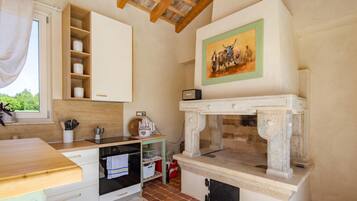 Una cocina con armarios de madera, microondas integrado y chimenea de piedra.